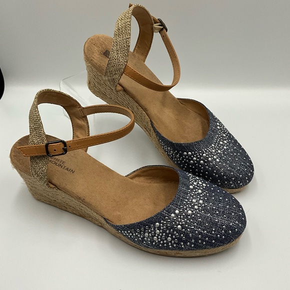 White Mountain Shoes - White Mountain Wedge Sandals Size 9M Embellished Denim with Ankle Strap